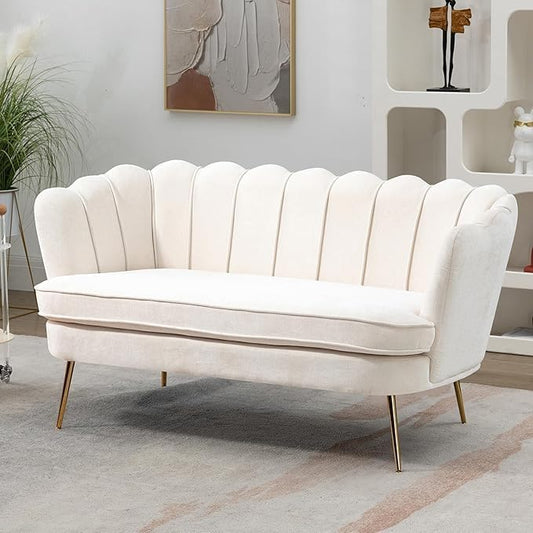 59 Wide Loveseat Sofa Chenille Upholstered Small Couch with Gold Metal Legs Modern Leisure Sofa with Petal-Shaped Design Mini Room Couch for Bedroom Apartment (Beige-Chenille)