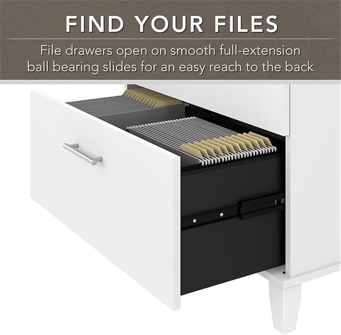 Pemberly Row 2 Drawer Lateral File Cabinet Engineered Wood White Finish 30W x 17D x 29H Full-Extension Ball Bearing Slides Transitional Style Home Office Filing Cabinet for Legal and Letter