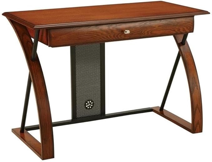 Pemberly Row Computer Desk 44W x 22D x 30H Medium Brown Oak Veneer with Black Powder-Coated Accents Engineered Wood Keyboard Tray Rustic Home Office Desk for Indoor Use