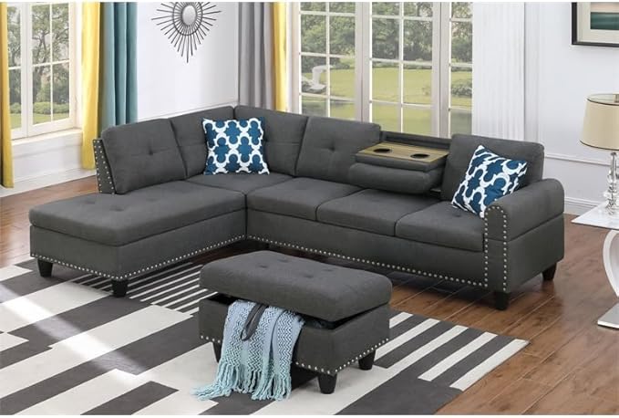 Devion Furniture Polyester Fabric Sectional Sofa with Lift-top Storage Ottoman Tufted Design in Gray Finish