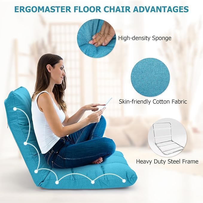 ERGOMASTER Video Gaming Floor Chair with Adjustable 14-Position Memory Foam Folding Floor Sofa Chair Lounger Folding Sleeper Bed Couch Recliner for Reading Gaming Meditating Fully Assembled