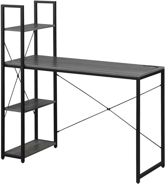 Pemberly Row Office Workstation Desk with Charging Station and Shelves Gray Wood Finish 44 in x 17.5 in x 46.75 in Black Metal Frame Home Office Desk with USB Ports and Storage Shelves