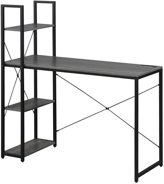 Pemberly Row Office Workstation Desk with Charging Station and Shelves Gray Wood Finish 44 in x 17.5 in x 46.75 in Black Metal Frame Home Office Desk with USB Ports and Storage Shelves