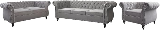 Chesterfield Loveseat Sofa Modern Velvet Small Sofa Couch 2 Seater with Rolled Arms and Nailhead Mid Century Modern Loveseat Couch for Small Spaces Living Room Bedroom Apartment Grey