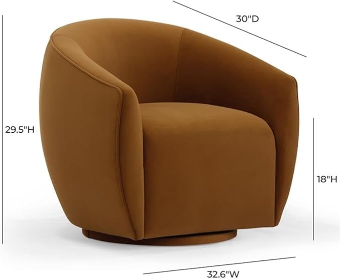 Pemberly Row Modern Cognac Velvet Swivel Chair 360-Degree Rotating Seat High-Density Foam Curvaceous Silhouette Sloped Arms Handmade Accent Chair for Living Room or Office Use