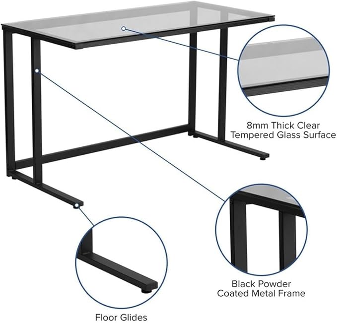 Flash Furniture Singleton Glass Desk with Black Pedestal Metal Frame