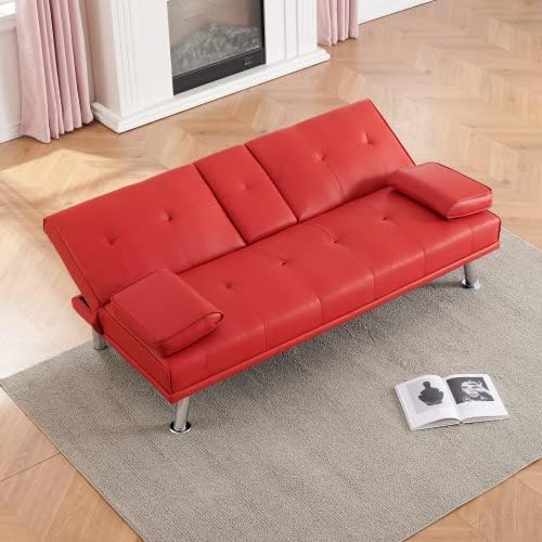 Futon Sofa Bed Modern Folding Couch for Small Space Faux Leather Convertible Loveseat Sleeper Bed Daybed Recliner Lounge Sofas for Living Room2 Cup HoldersMetal LegsRemovable Armrests (Red)