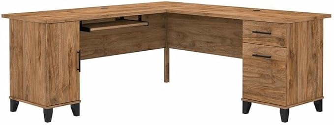 BOWERY HILL 72W L Shaped Desk with Storage Fresh Walnut Finish Engineered Wood Wire Management Pull-Out Keyboard Tray Adjustable Shelf File Drawer Home Office or Living Room Desk