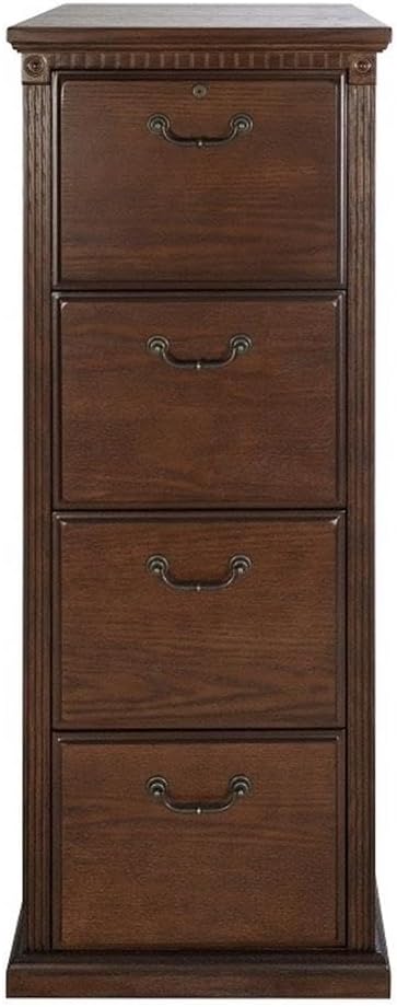 Pemberly Row Traditional 4-Drawer Wood Filing Cabinet Office Storage in Brown Solid Wood Sturdy and Durable Office or Home Use Secure Document Organization Classic Design