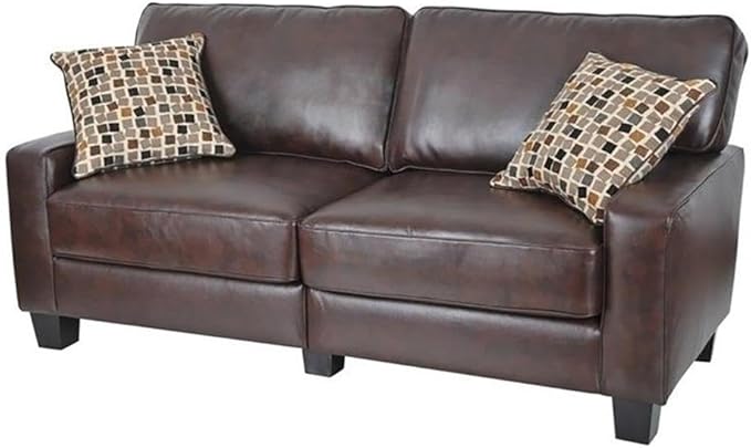 Pemberly Row Contemporary Faux Leather Sofa 73-in Wide in Chestnut Brown Pillow Back Design with Straight Arms Sturdy Hardwood Frame Ideal for Small Apartments Offices or Living Rooms