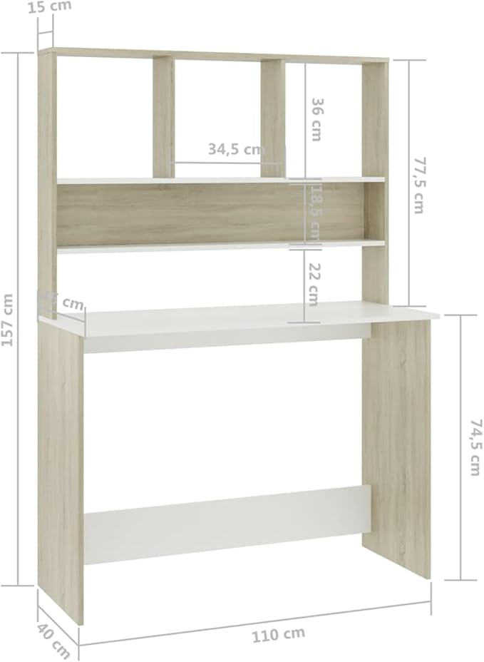 Desk with Shelves Desk with Storage Computer Desk with Storage Bookshelf Desk Work Desk for Home Office Desk and Bookshelf Set White and Sonoma Oak 43.3x17.7x61.8 Engineered Wood