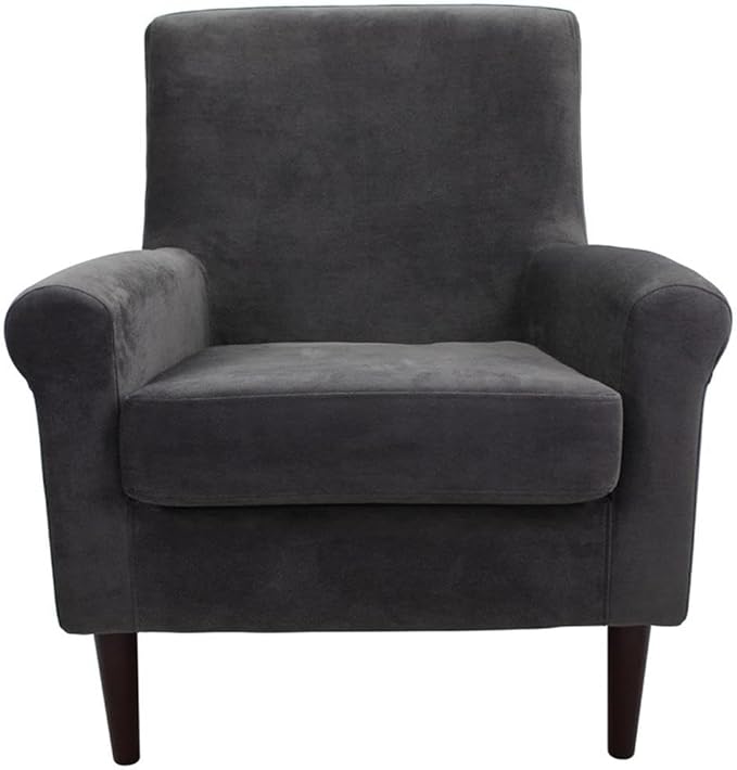 Pemberly Row Rolled Arm Fabric Lounge Chair Dark Gray Upholstery 35 H x 28 W x 30 D Comfortable Accent Chair for Living Room Bedroom or Office Use