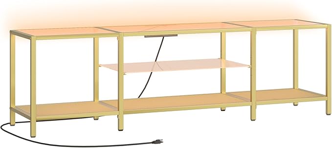 HOOBRO TV Stand with LED Lights and Power Outlets for TVs up to 75 Modern 70.9 Inch Tempered Glass TV Console Table with Open Shelves Media Entertainment Center for Living Room Gold GD185UDS01