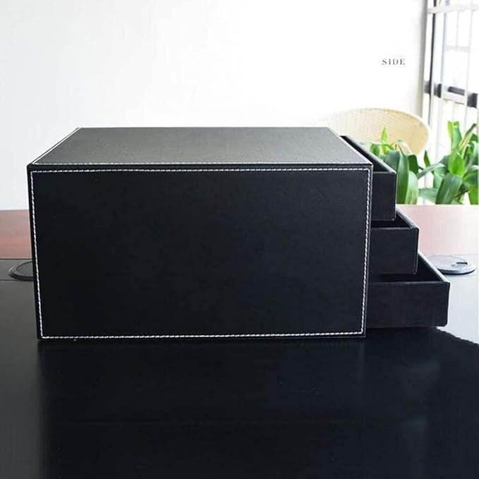 qiuqiu Office Cabinet File Box 3-Drawer Leather Filing Cabinets Desk 3 Layer Leather File Cabinet Drawer Style A4 Document Storage Box Business Office Supplies Furniture-Black