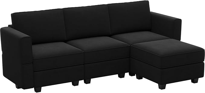 Belffin Modern L Shaped Velvet Sectional Sofa with Chaise Black Storage Adjustable Arm/Backrest