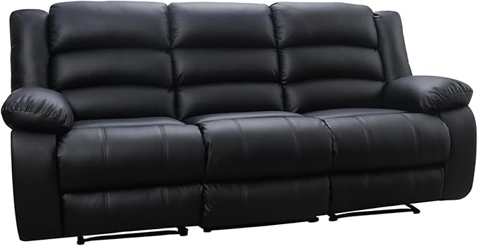 EBELLO Faux Leather Manual Reclining Sofa with 2 Concealed Cup Holders Overstuffed Armrest 3 Seat Recliner Couch for Living Room Bedroom Meeting Room Black