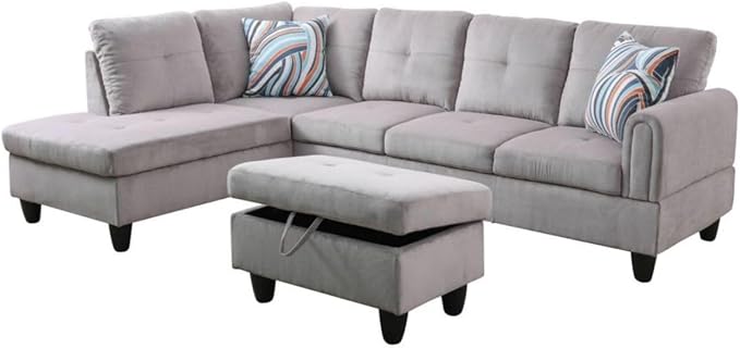 Grey White L-Shaped 3-Piece Corduroy Sofa with Storage Ottoman Set Sectional Couch Sofa Set for Living Room Office Small Space