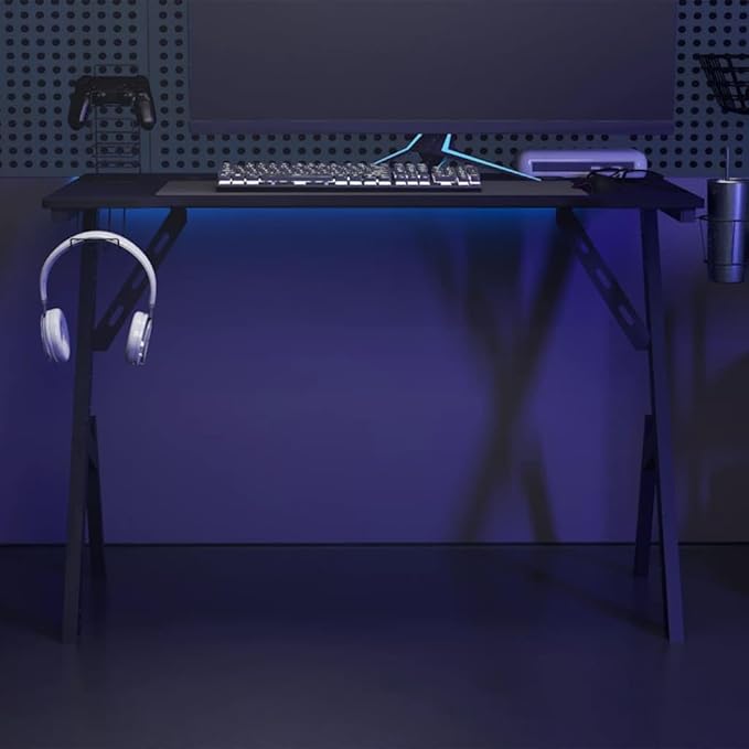 Ergonomic Gaming Desk Black Engineered Wood Sturdy Iron Frame Computer Table 43.3 x 43.3 x 29.5 Inch for Home Office PC Gamer Setup Cup Holder &amp Headphone Hook.