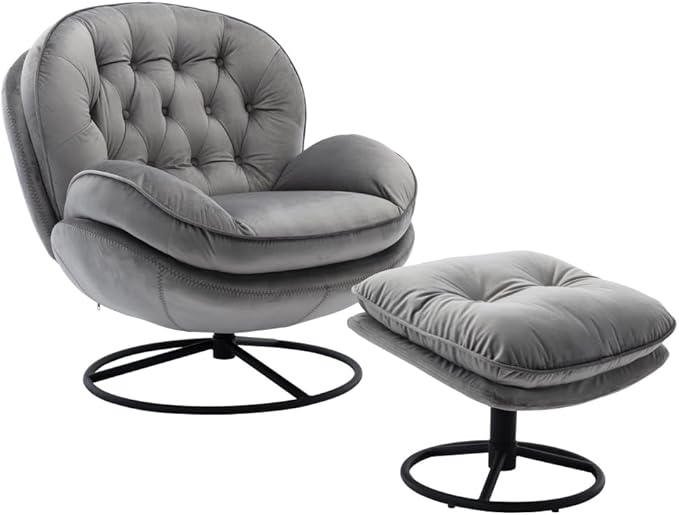Modern Swivel Accent Chair with Ottoman Velvet Lounge Chair with Footrest and Metal Base Comfy 360 Degree Swiveling Armchair Single Sofa Chair for Living Room Bedroom Gray