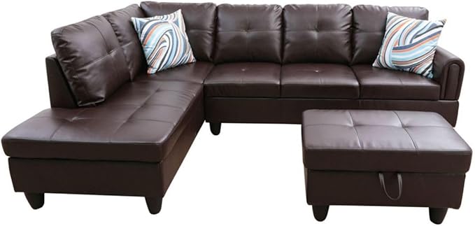 Brown L-Shaped 3-Piece Faux Leather Sofa with Storage Ottoman Set Sectional Couch Sofa Set for Living Room Office Small Space
