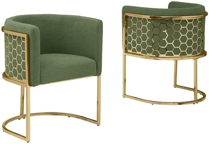 Modern Honeycomb Armchairs with Chrome Base Silver or Gold Frame Options (Teddy Fabric Green/Gold Side Chair)