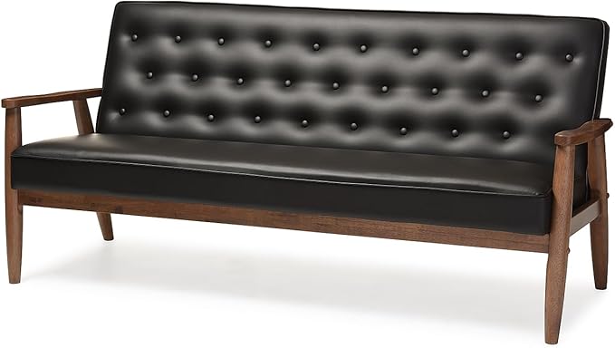 Baxton Studio Sorrento Mid-Century Retro Modern Faux Leather Upholstered Wooden 3-Seater Sofa Black