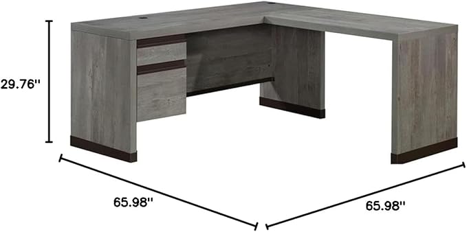 Pemberly Row Modern L-Shaped Engineered Wood Desk Mystic Oak Finish Metal Accents Lockable File Drawer Spacious Home Office Workspace Safety Certified for Durability and Performance