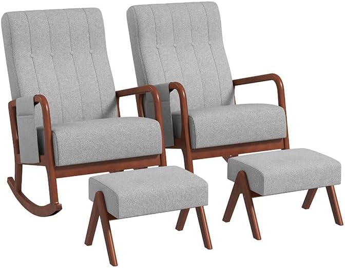 KOMFOTT Rocking Chair with Ottoman Set of 2 Upholstered Rocker Chair with Footrest Side Pocket Stable Rubber Frame &amp Tufted Backrest Mid-Century Modern Rocking Accent Chair for Living Room Gr