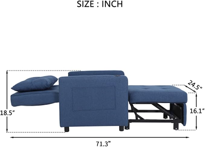3-in-1 Convertible Futon Sofa Bed Chair Velvet Button Tufted Upholstered Pull Out Sleeper Chair with Adjustable Backrest&amp USB Ports Modern Lounge Armchair for Living Room Bedroom Apartment(Blu
