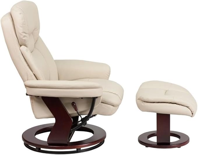 BOWERY HILL Contemporary Leather Swivel Recliner and Ottoman Beige LeatherSoft Upholstery Mahogany Wood Base Plush Foam Padding Adjustable Recline Living Room or Bedroom Chair Set