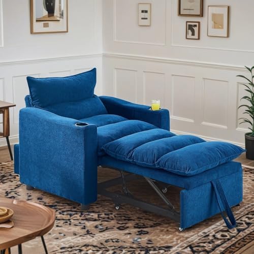 3-in-1 Convertible Sleeper Chair Velvet Pullout Chair with Cup Holders Recliner Sofa Bed with 3 Adjustable Angles Convertible Lazy Sofa Bed for Small Spaces Home Office Blue