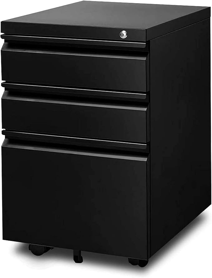 Yiguo 3-Drawer Mobile File Cabinet with Lock Rolling Office File Cabinet Under Desk Metal Filing Cabinet with Wheels for Legal Letter A4 File Size (Black)