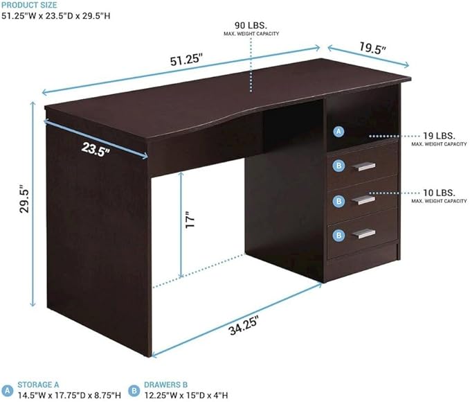 Brown Wood Desk with Storage Featuring 3 Drawers Under Table Shelf Contoured Top for Home Office Use As Writing Desk Or Computer Workstation