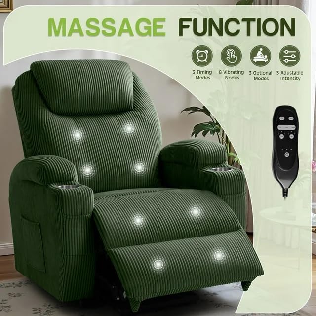 Furmax Electric Power Lift Recliner Chair with Massage for Elderly Corduroy Fabric Recliner Single Sofa with Cup Holders Side Pockets and Remote Control for Living Room Bedroom (Green)