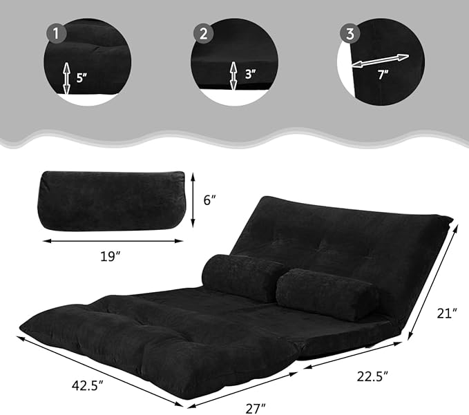 Giantex Adjustable Floor Sofa Couch with 2 Pillows Multi-Functional 6-Position Foldable Lazy Sofa Sleeper Bed Multi-Functional Suede Floor Seating for Reading Gaming (Black)