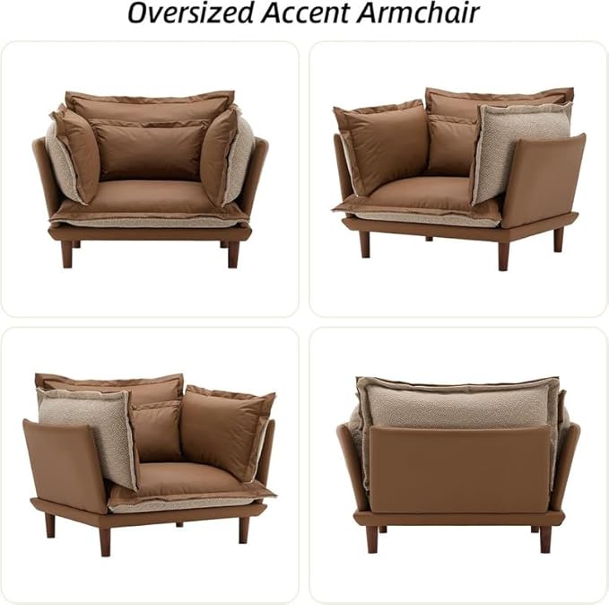 Leather Oversized Armchair Modern Accent Chair Single Sofa Lounge Chair Leather and Fabric Two-Faced Material 43.5 Wide 21.3 Seat Deepth for Living Room Bedroom (Brown)