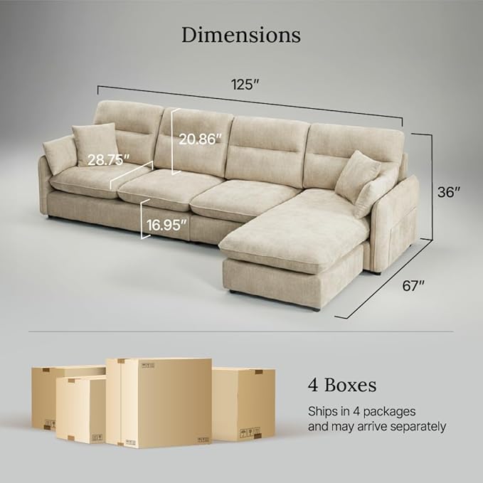 125 Inch Modular Couch Sectionals with Ottoman Big Comfy Cloud Couches L Shaped 4 Seat Modular Sectional Sofa Modern Cloud Sectional Couches for Living Room Deep Seat Sofa