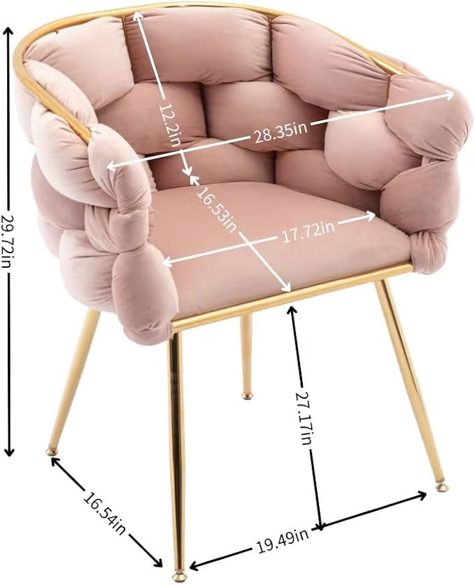 NIOIIKIT Modern Velvet Dining Chairs Set of 2 Hand Weaving Upholstered Vanity Chairs with Gold Metal Legs Leisure Single Sofa Armchairs Comfy Accent Chairs for Living Room Bedroom (Pink)