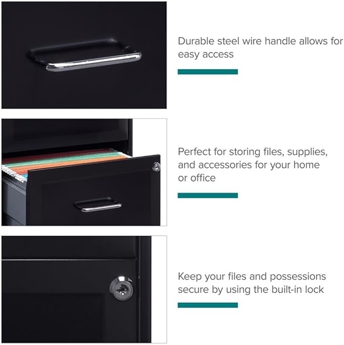 Pemberly Row 2 Drawers 26.7 Vertical Black Metal Filing Cabinet Lockable Pre-Assembled Movable Letter Size for Home Office