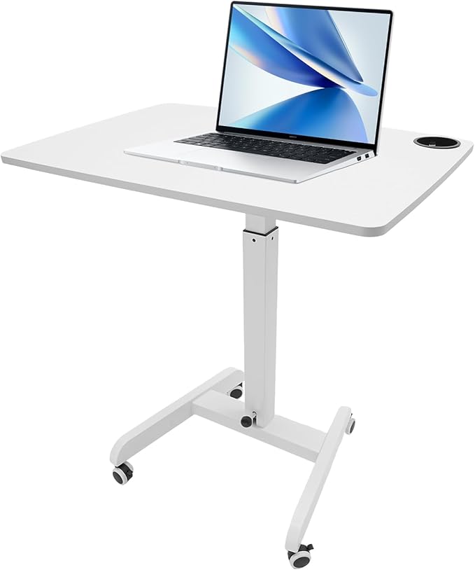 Adjustable Height Mobile Standing Desk with Wheels Pneumatic Lift Rolling Computer Table for Office Home Classroom White Iron Workstation w/Cup Holder &amp Pen Slot