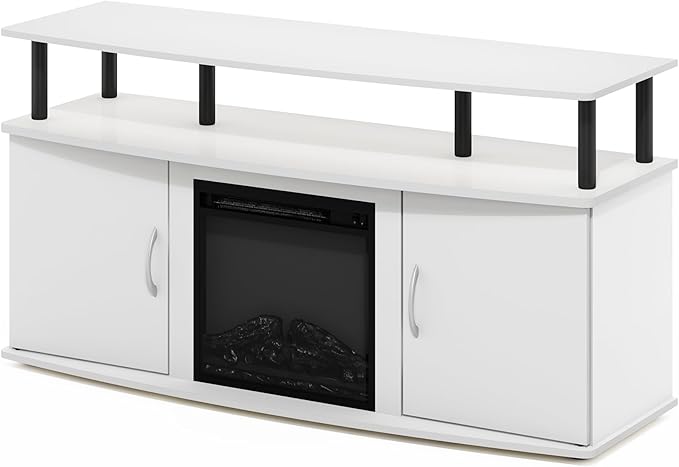Furinno Jensen TV Stand Entertainment Center TV Console for TV up to 55 Inch with Fireplace and Open Shelf Storage Cabinet for Living Room Bedroom Plain White
