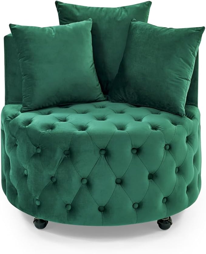 LLS Swivel Barrel Chair Velvet Accent Barrel Chair with 3 Pillows and 4 Wheels 360 Degree Sofa Chair Modern Button Tufted Upholstered Accent Chair for Living Room Bedroom Green