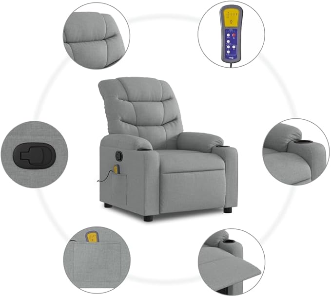 Light Grey Massage Recliner Chair USB Vibration Breathable Fabric Adjustable Single Seater for Living Room Bedroom Reading 242.5 lbs Capacity