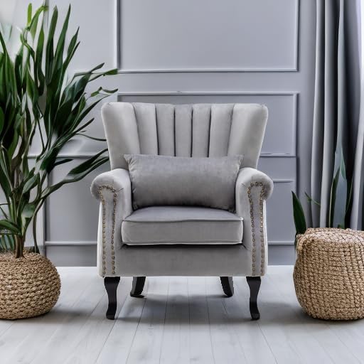 chairus Mid-Century Modern Accent Chair Comfy Single Sofa Chair Channel Back Armchair with Small Pillow for Living Roon Bedroom Club - Velvet Grey