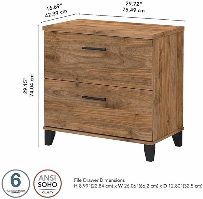 Pemberly Row 2 Drawer Lateral File Cabinet 30W x 17D x 29H Engineered Wood Fresh Walnut Finish Full-Extension Ball Bearing Slides Transitional Tapered Leg Design Home Office Document Storage