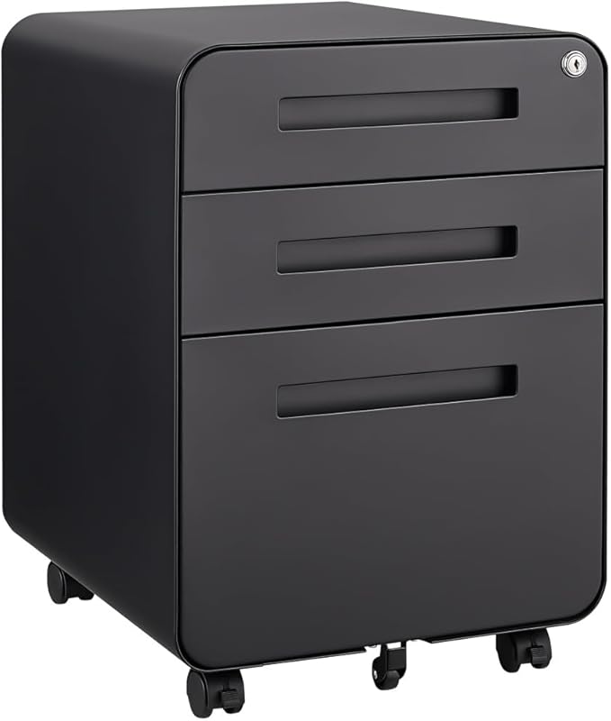 Modern 3-Drawer Mobile Filing Cabinet with Lock for Office or Home Use – Metal Storage Organizer for Letter Legal &amp A4 Files (YH-Black)