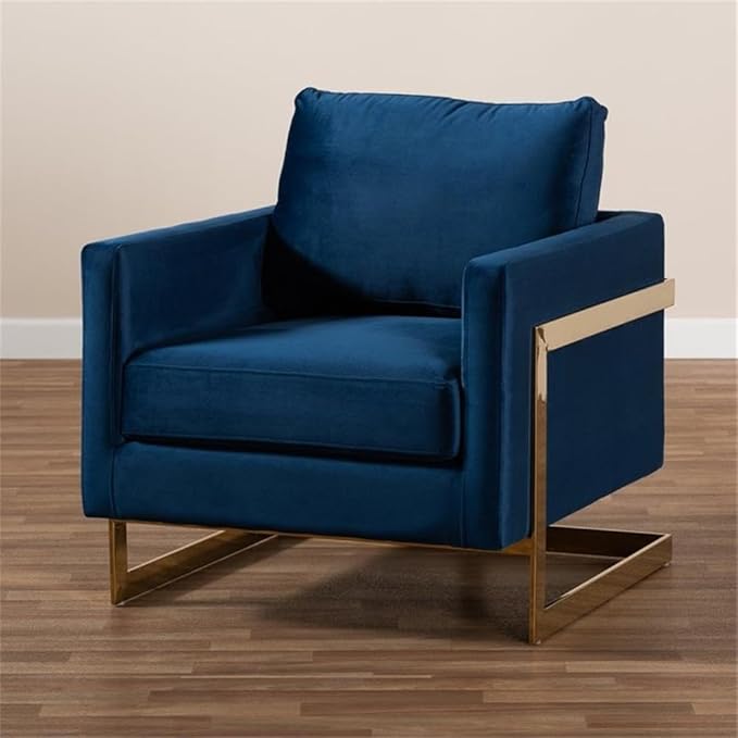BOWERY HILL Velvet Accent Chair Royal Blue Upholstery Gold-Tone Stainless Steel Frame 34.3 H x 31.5 W x 33.9 D Removable Cushions Glam Modern Style Armchair for Living Room or Lounge Use