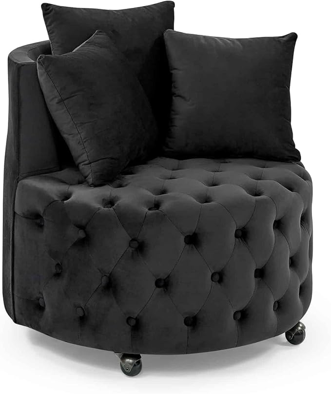 Velvet Upholstered Swivel Chair for Living Room with Button Tufted Design and Movable Wheels Including 3 Pillows Black