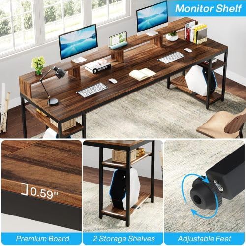 78 Two Person Computer Desk with Drawers Long Double Home Office Desk with with Storage Shelves Large Gaming Study Writing Table Workstation for Office (Brown-Monitor Stand)