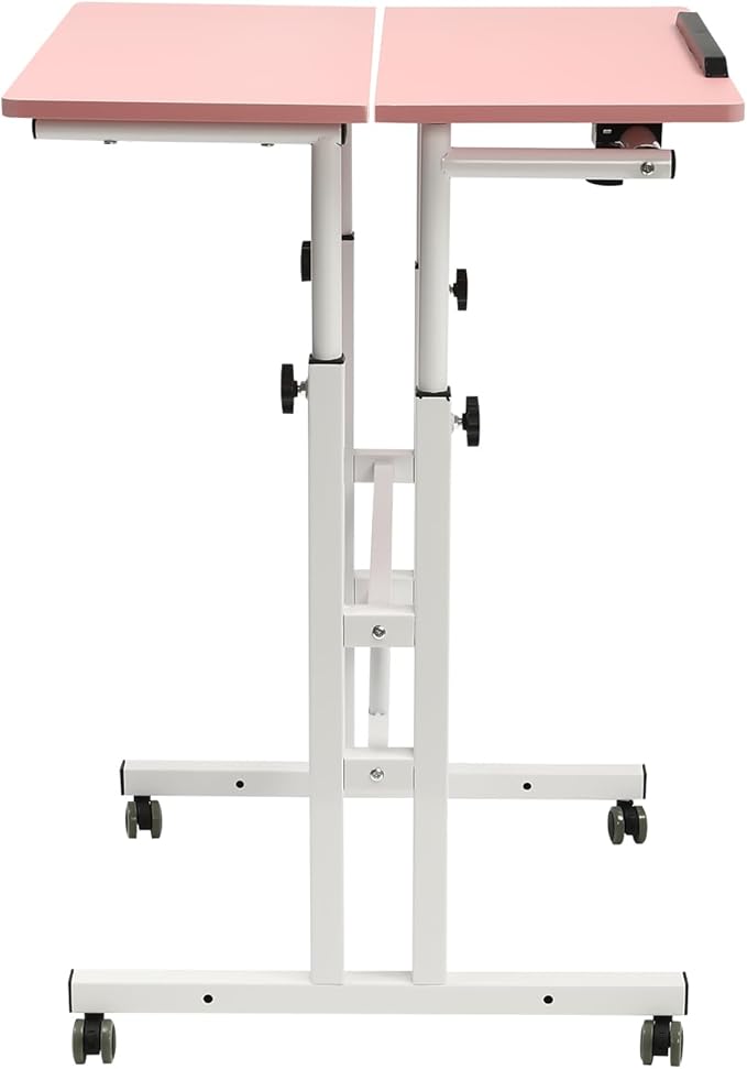 Height Adjustable Table Small Adjustable Standing Desk with Wheels Home Office Workstation Portable Rolling Desk Laptop Cart for Standing or Sitting (Pink)